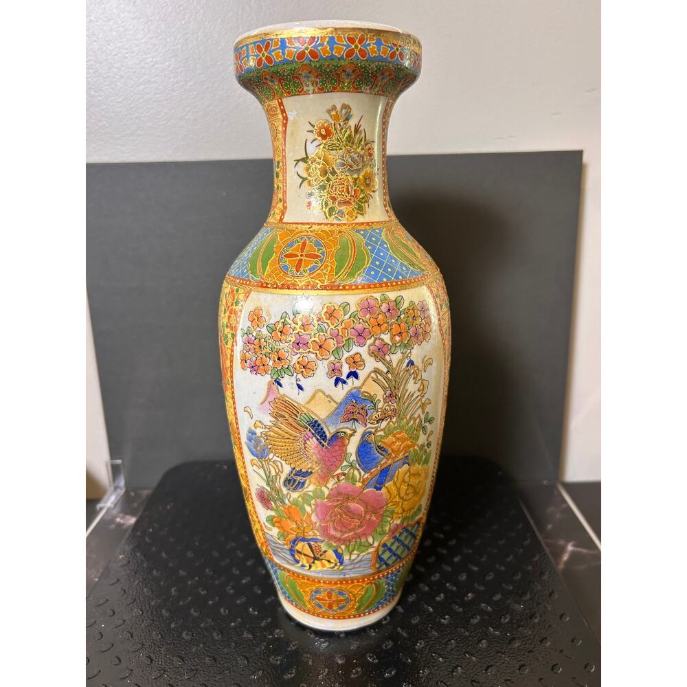 vintage Satsuma-style porcelain vase featuring birds, flowers, gold detailing